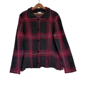 J. Jill Red Charcoal Plaid Wool Blend Button Front Cardigan Sweater Petite L